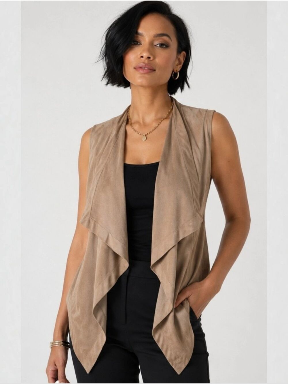 Artisan NY Camel Faux Suede Waterfall Drape Vest Size Medium